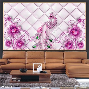 Tranh lụa 3D chim công và hoa trang trí phòng khách