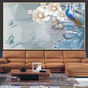 Tranh lụa 3D điêu khắc chim công và hoa Mai