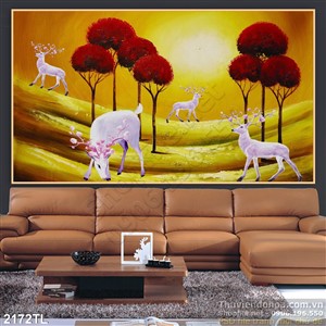 Tranh sơn dầu hươu nai trong rừng trang trí nội thất