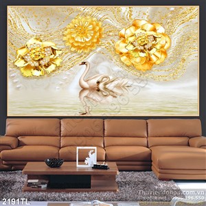 Tranh lụa 3D chim thiên nga và hoa hồng vàng