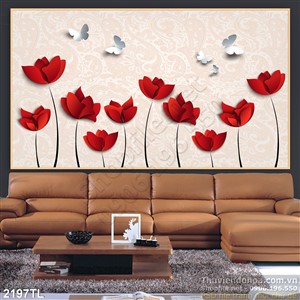 Tranh lụa 3D hoa tulip đỏ trang trí tường