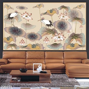 Tranh màu nước hoa sen và chim hạc đẹp