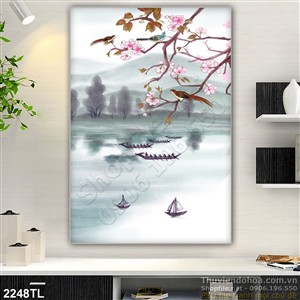 Tranh thư pháp chim én và mùa xuân