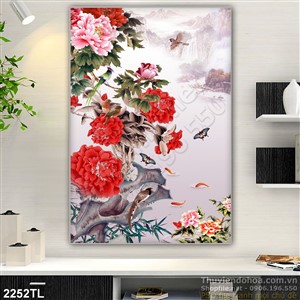 Tranh thư pháp hoa mẫu đơn