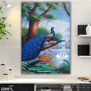 Tranh sơn dầu chim công và chim thiên nga