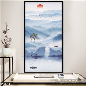 Tranh màu nước sông núi trang trí treo tường