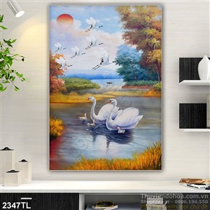 Tranh sơn dầu phong cảnh và chim thiên nga