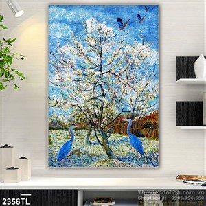 Tranh sơn dầu cây mai và chim hạc trang trí tường