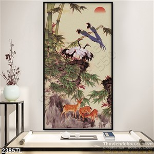 Tranh thư pháp hươu nai và chim Hạc