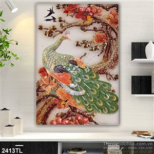 Tranh điêu khắc giả ngọc chim công và hoa đào
