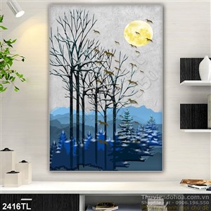 Tranh sơn dầu rừng cây và đàn chim dưới trăng