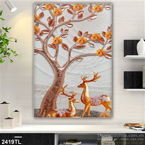 Tranh điêu khắc hươu và cây trang trí tường