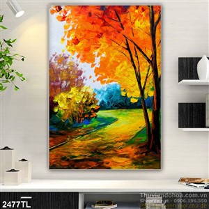 Tranh màu nước con đường màu thu