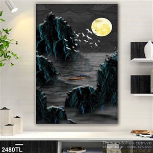 Tranh sơn dầu núi và trăng trang trí tường đẹp