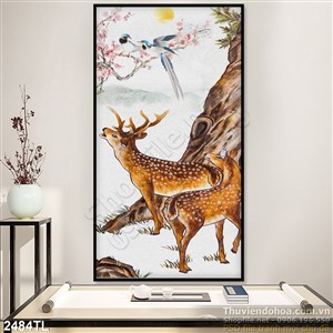 Tranh sơn dầu hươu và chim én treo tường