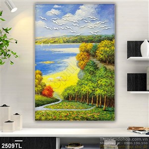 Tranh sơn dầu cảnh rừng và biển trang trí treo tường