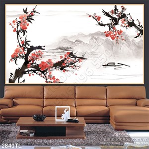 Tranh thư pháp hoa Đào và thuyền