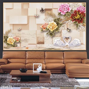 Tranh chim thiên nga và hoa mẫu đơn