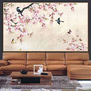Tranh chim én và hoa đào tranh trí tết