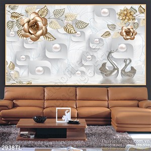 Tranh 3D hoa hồng và chim thiên nga đẹp nhất