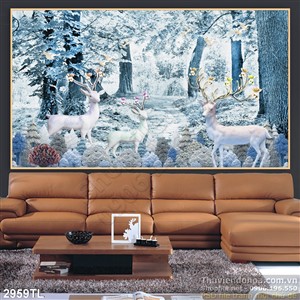 Tranh 3D đàn hươu trong rừng trang trí phòng khách
