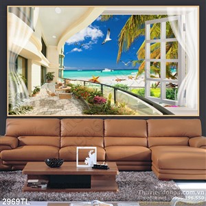 Tranh ban công nhìn ra biển dán tường đẹp