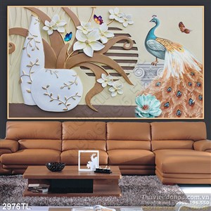 Tranh 3D điêu khắc chim công và hoa lan