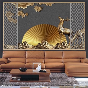Tranh điêu khắc hươu bằng vàng trang trí phòng khách