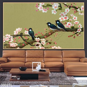 Tranh chim sẻ và hoa đào đẹp
