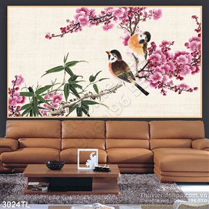 Tranh hoa đào và chim yến mùa xuân