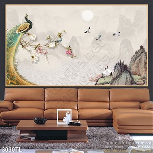 Tranh chim công phong thủy treo tường phòng khách