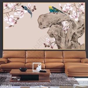 Tranh màu nước hoa và chim trang trí tường