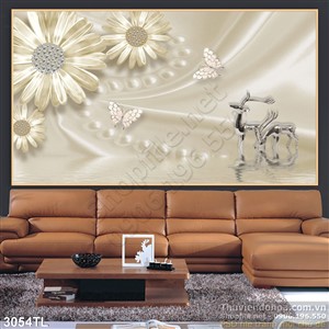 Tranh lụa 3D hoa cúc và hươu trang trí phòng ngủ đẹp