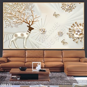 Tranh lụa 3D hươu và hoa trang trí phòng khách