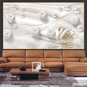 Tranh lụa 3D hoa Cúc và chim thiên nga đẹp