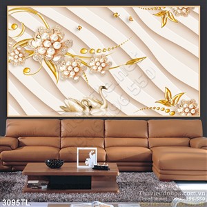 Tranh lụa 3D hoa và thiên nga trang trí tường đẹp