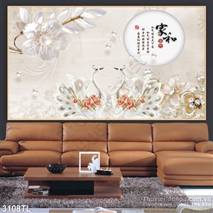 Tranh lụa 3D chim thiên nga và hoa mai thư pháp