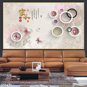 Tranh lụa 3D hoa thược dược thư pháp trang trí phòng ngủ