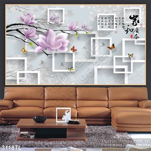 Tranh 3D hoa mộc lan thư pháp