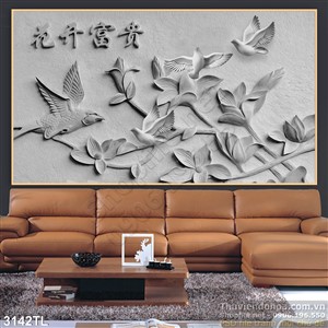 Tranh điêu khắc tường hoa và chim sẻ