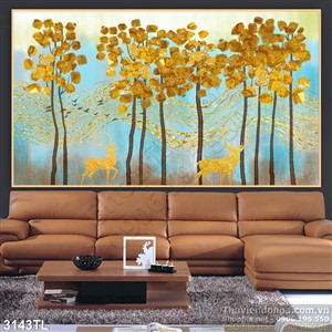 Tranh sơn dầu hươu nai và cây vàng đẹp