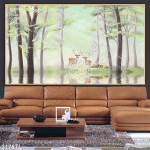 Tranh sơn dầu đôi hươu trong rừng in kính chất lượng