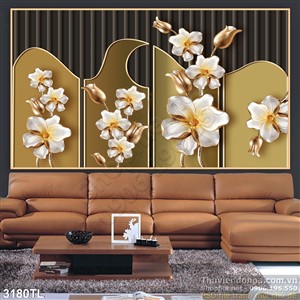 Tranh 3D điêu khắc hoa bằng vàng trang trí phòng khách
