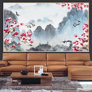 Tranh màu nước hoa đào và chim én