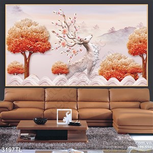Tranh điêu khắc hươu và cây nghệ thuật trang trí tường