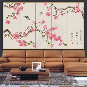Tranh thư pháp hoa đào và chim én