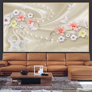 Tranh 3D chim thiên nga và hoa trang trí tường đẹp