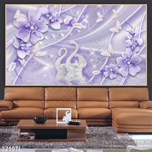 Tranh lụa 3D hoa màu tím và chim thiên nga