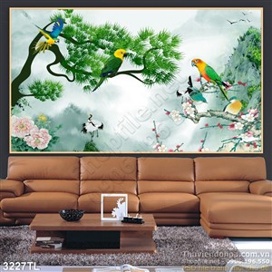 Tranh màu nước chim én và cây tùng đẹp