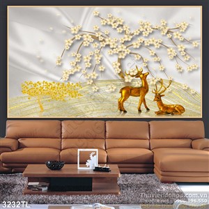 Tranh lụa 3D hươu và hoa mai đẹp nhất